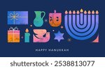 Happy Hanukkah banner, background, poster. Modern design for traditional holiday. Menorah, dove, candles and dreidel illustrations. Vector design