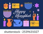 Happy Hanukkah banner, background, poster. Modern design for traditional holiday. Menorah, dove, candles and dreidel illustrations. Vector design