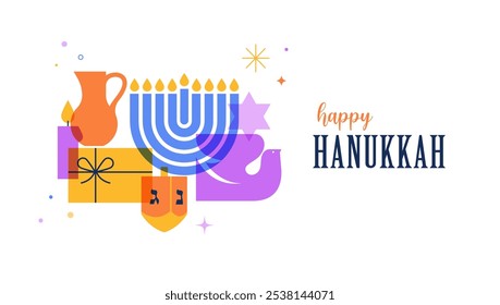 Feliz Hanukkah banner, fundo, cartaz. Design moderno para férias tradicionais. Menorá, pomba, velas e ilustrações de dreidel. Design vetorial