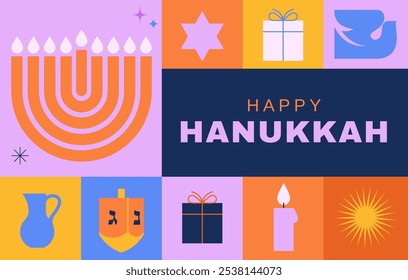 Feliz Hanukkah banner, fundo, cartaz. Design moderno para férias tradicionais. Menorá, pomba, velas e ilustrações de dreidel. Design vetorial