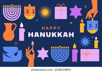 Feliz Hanukkah banner, fundo, cartaz. Design moderno para férias tradicionais. Menorá, pomba, velas e ilustrações de dreidel. Design vetorial