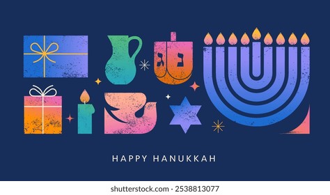 Feliz Hanukkah banner, fundo, cartaz. Design moderno para férias tradicionais. Menorá, pomba, velas e ilustrações de dreidel. Design vetorial