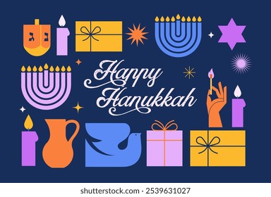 Feliz Hanukkah banner, fundo, cartaz. Design moderno para férias tradicionais. Menorá, pomba, velas e ilustrações de dreidel. Design vetorial