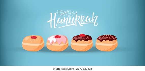 Feliz cartel de Hanukkah con donut panadería en fondo de degradado azul. Dibujo vectorial plano de dibujos animados. La comida tradicional para el feriado judío. Donuts pastosos, comida dulce. Feliz Hanukkah en hebreo.