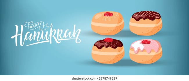 Feliz banner de Hanukkah con donut panadería sobre fondo azul y letras caligráficas. Vector plano de dibujos animados. La comida tradicional para el feriado judío. Donuts, comida dulce. Feliz Hanukkah en hebreo.