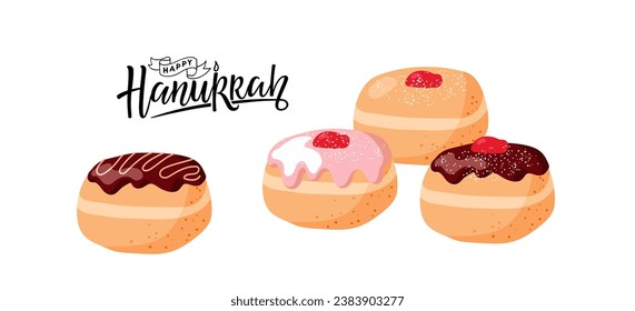 Feliz banner de Hanukkah con donuts de panadería. Dibujo vectorial plano de dibujos animados. Cocina tradicional para el feriado judío Hanukkah. Diseño de carteles para los feriados públicos de Israel. Hanukkah feliz en hebreo