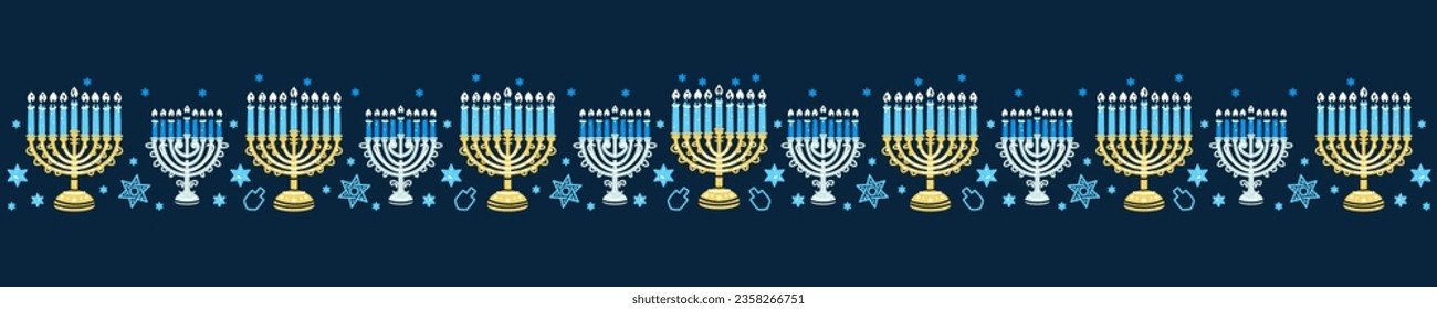 Happy Hanukkah banner. Flat vector illustration with holiday symbols