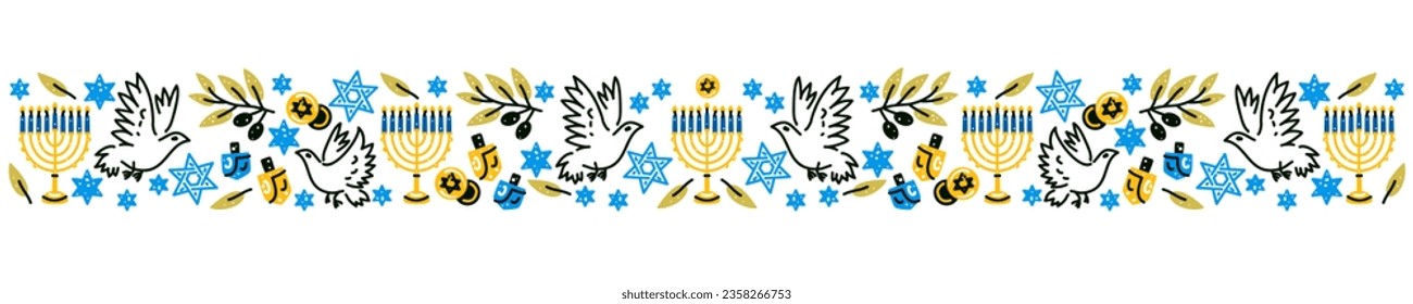 Happy Hanukkah banner. Flat vector illustration with holiday symbols