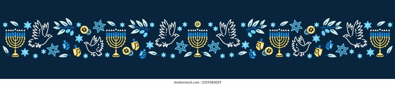 Happy Hanukkah banner. Flat vector illustration with holiday symbols