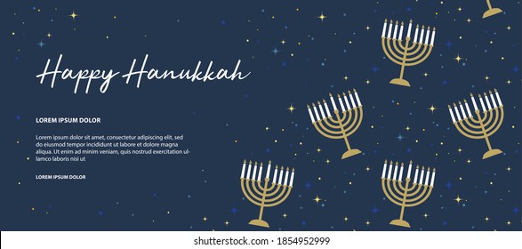 Happy Hanukka Banner . Bild des jüdischen Urlaubs Hanukka Hintergrund mit goldenem Menorahmuster, traditioneller Candelabra und Kerzen