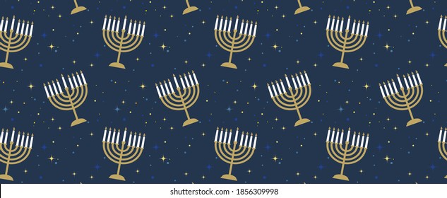 Happy Hanukkah banner . image of Jewish holiday Hanukkah background with golden menorah pattern, traditional candelabra and candles