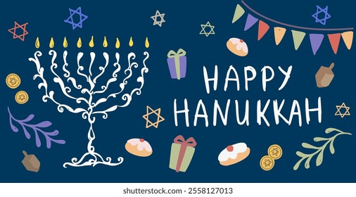 Happy Hanukkah banner. Jewish holidays, candles, dreidel.