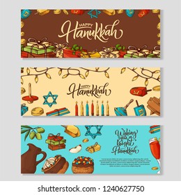Happy Hanukkah banner with lettering. Hand drawn elements in sketch style. Calligraphy quote for your design. Vector illustration.