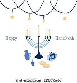 Happy Hanukkah banner with menorah gift oil donuts whirligig