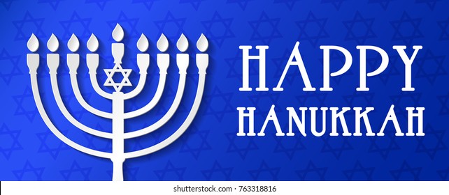 Happy Hanukkah - banner with menorah made of paper. Vector.