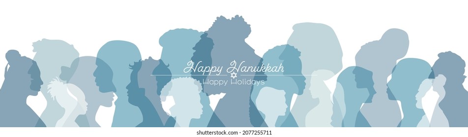 Happy Hanukkah banner. People stand by side together.