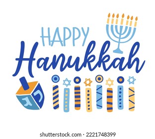 Happy Hanukkah banner template design. Jewish holiday Greeting Card with hand lettering sayings, Menorah,  Dreidel, candles doodles. Vector illustration isolated on white background