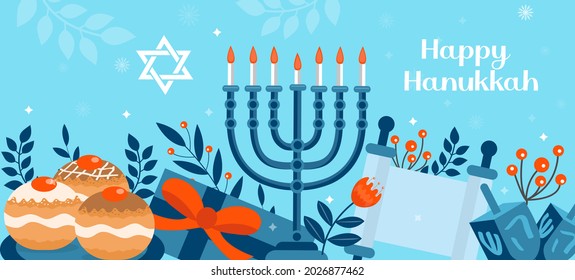 Feliz banner Hanukkah, plantilla para tu diseño. Hanukkah es una festividad judía. Tarjeta de felicitación con Menorah, Sufganiyot, Dreidel. Ilustración del vector