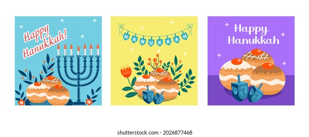 Happy Hanukkah banner, template for your design. Hanukkah is a Jewish holiday. Greeting Card with Menorah, Sufganiyot, Dreidel. Vector illustration