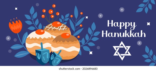 Happy Hanukkah banner, template for your design. Hanukkah is a Jewish holiday. Greeting Card with Sufganiyot, Dreidel. Vector illustration