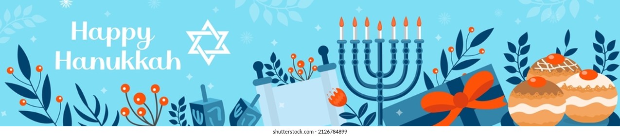 Happy Hanukkah banner, template for your design. Hanukkah is a Jewish holiday. Greeting Card with Menorah, Sufganiyot, Dreidel. Vector illustration.