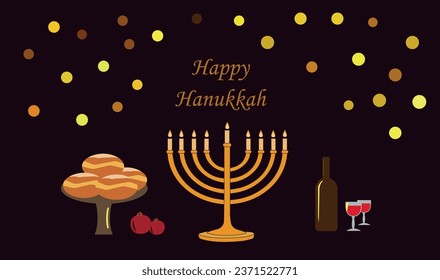 Happy Hanukkah banner, template for your design. Hanukkah is a Jewish holiday. Greeting Card with Menorah, Sufganiyot, Dreidel. Vector illustration