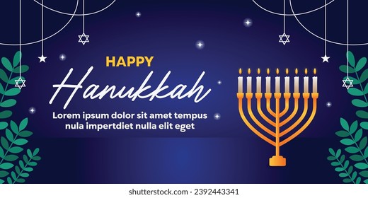 Happy Hanukkah banner, template for your design. Hanukkah is a Jewish holiday. Greeting card with dark blue background, leaves, israel shape, star, light. Vector illustration