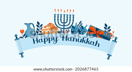 Happy Hanukkah banner, template for your design. Hanukkah is a Jewish holiday. Greeting Card with Menorah, Sufganiyot, Dreidel. Vector illustration Stock fotó © 