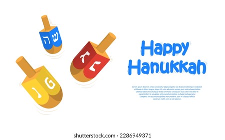 Happy Hanukkah banner. Traditional Israeli holiday and Jewish holy day. Landing page design. Wooden dreidels, spinning top in Hebrew. Cartoon isometric vector illustration