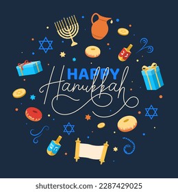 Happy Hanukkah banner. Traditional Israeli holiday and Jewish festival. Donut, wine and bed.