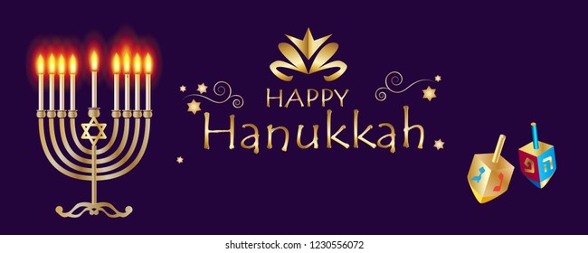 Happy Hanukkah banner traditional Jewish Holiday Hanuka festival of lights symbols gold decoration. Chanukah Gold Menorah, candelabrum & candles, wood dreidel, festive bokeh lights background vector.