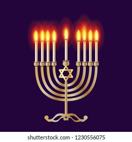 Happy Hanukkah banner traditional Jewish Holiday Hanuka festival of lights symbols gold decoration. Chanukah Gold Menorah, candelabrum & candles, wood dreidel, festive bokeh lights background vector.