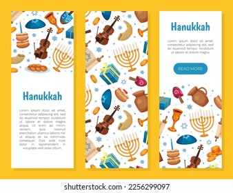 Happy Hanukkah Banner with Traditional Jewish Symbols Vector Template