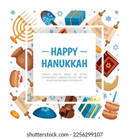 Banner feliz de Hanukkah con plantilla de vectores de símbolos judíos tradicionales