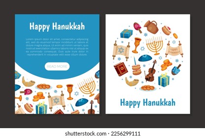 Happy Hanukkah Banner with Traditional Jewish Symbols Vector Template
