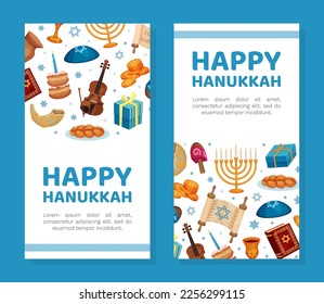 Happy Hanukkah Banner with Traditional Jewish Symbols Vector Template