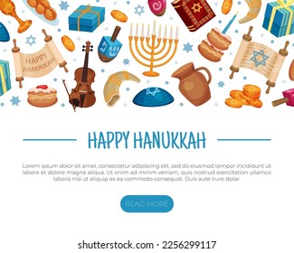 Happy Hanukkah Banner with Traditional Jewish Symbols Vector Template