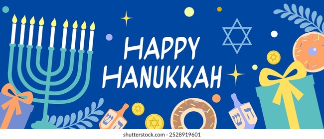 Happy Hanukkah banner. Vector illustration Hanukkah, dreidel, donates, presents.