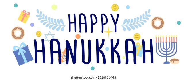 Happy Hanukkah banner. Vector illustration Hanukkah, dreidel, donates, presents.