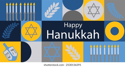 Happy Hanukkah banner. Vector illustration Hanukkah, dreidel, donates, presents.