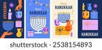 Happy Hanukkah banner, vertical cards, background, posters set. Modern vector design for traditional holiday. Menorah, dove, candles and dreidel illustrations. 