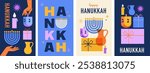 Happy Hanukkah banner, vertical cards, background, posters set. Modern vector design for traditional holiday. Menorah, dove, candles and dreidel illustrations. 