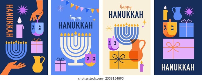 Feliz Hanukkah banner, cartões verticais, fundo, cartazes definidos. Design vetorial moderno para feriado tradicional. Menorá, pomba, velas e ilustrações de dreidel. 