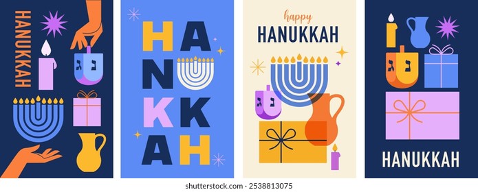 Feliz Hanukkah banner, cartões verticais, fundo, cartazes definidos. Design vetorial moderno para feriado tradicional. Menorá, pomba, velas e ilustrações de dreidel. 