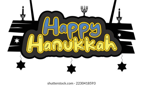 Happy Hanukkah banner in vintage style with menorah silhouette. Hanukkah Jewish holiday banner. Vector illustration