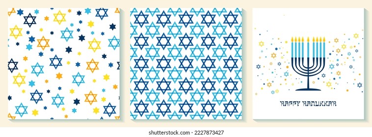 Happy Hanukkah banners. Jewish holiday Hanukkah backgrounds with David star and candle menorah patterns, traditional candelabra menorah and candles. Star of David seamless patterns.