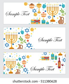 Happy Hanukkah, banners set. Hanukkah Jewish Festival of Lights, Feast of Dedication. Hanukkah set banners with space for text. Vector illustration