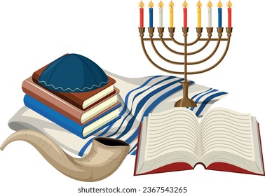 Happy Hanukkah Bright Background with Menorah, David Star and Bokeh Effect. Vector illustration