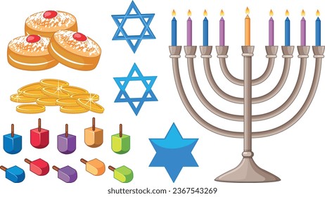 Happy Hanukkah Bright Background with Menorah, David Star and Bokeh Effect. Vector illustration