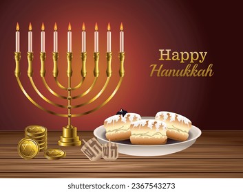 Happy Hanukkah Bright Background with Menorah, David Star and Bokeh Effect. Vector illustration
